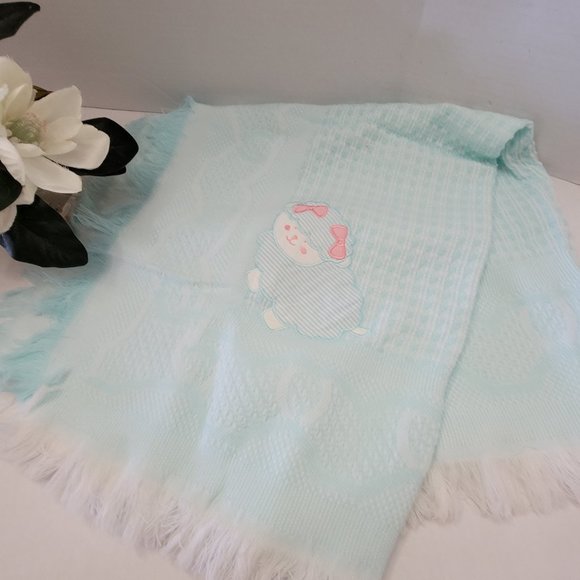 Vintage Baby Kisses Acrylic Made in Japan Baby Blanket Fringe Sheep Lamb Check - Picture 3 of 16